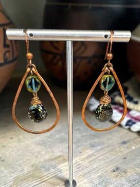 Artisan Made Copper Teardrop Earrings with Glass Beads - SKU A